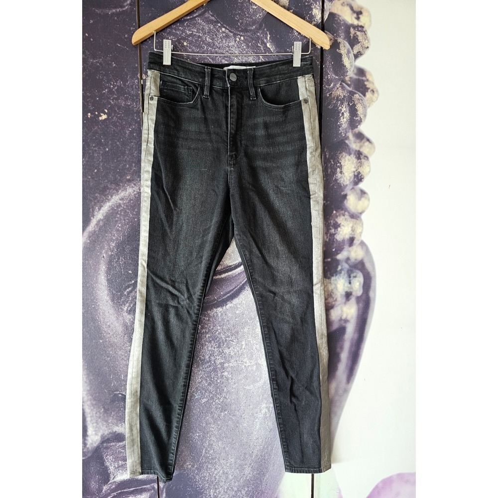 Athleta Womens High Rise Skinny Jeans Black Silver Metallic Tuxedo Stripe Size 8